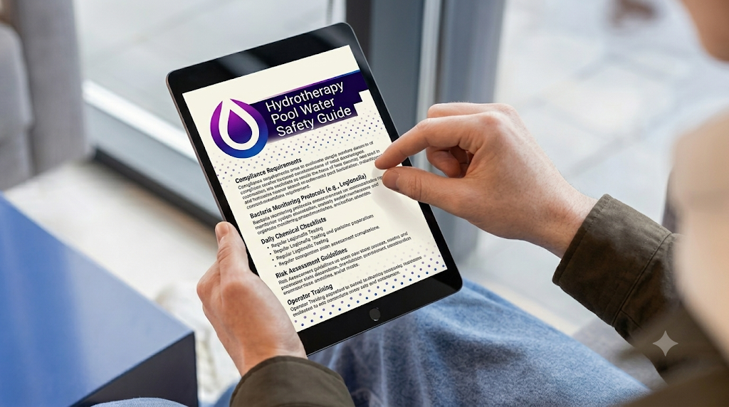 Hydrotherapy pool water safety guide on a tablet